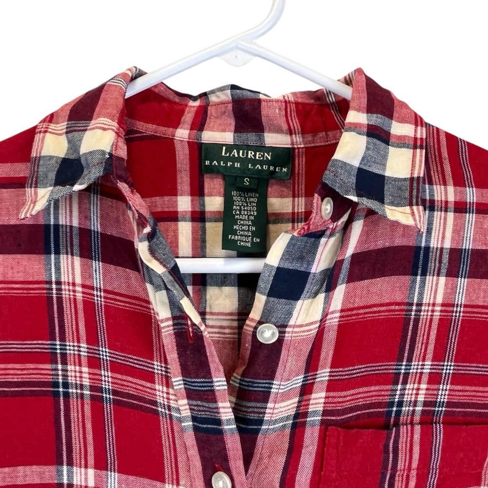 VTG Lauren Ralph Lauren 100% Linen Plaid Button Up Shirt Navy Red Off-White S/M - Picture 4 of 14